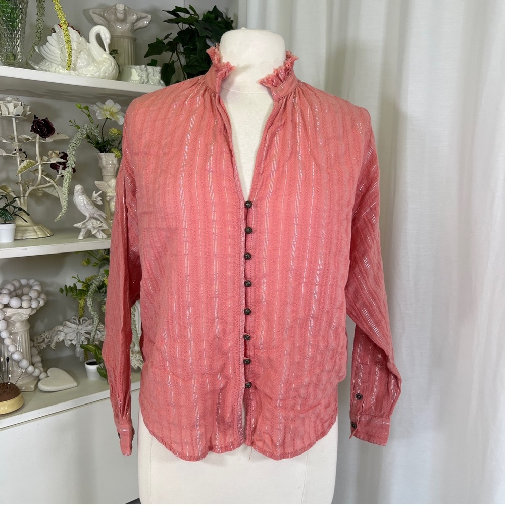 Anthropologie Pilcro Tavi Ruffled Pink Silver Button Blouse